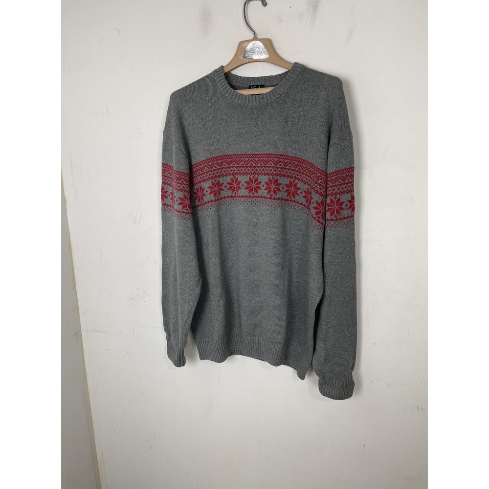 Jos A Bank Men's XL 100% Cotton Gray Red Fair Isle Nordic Pullover Sweater